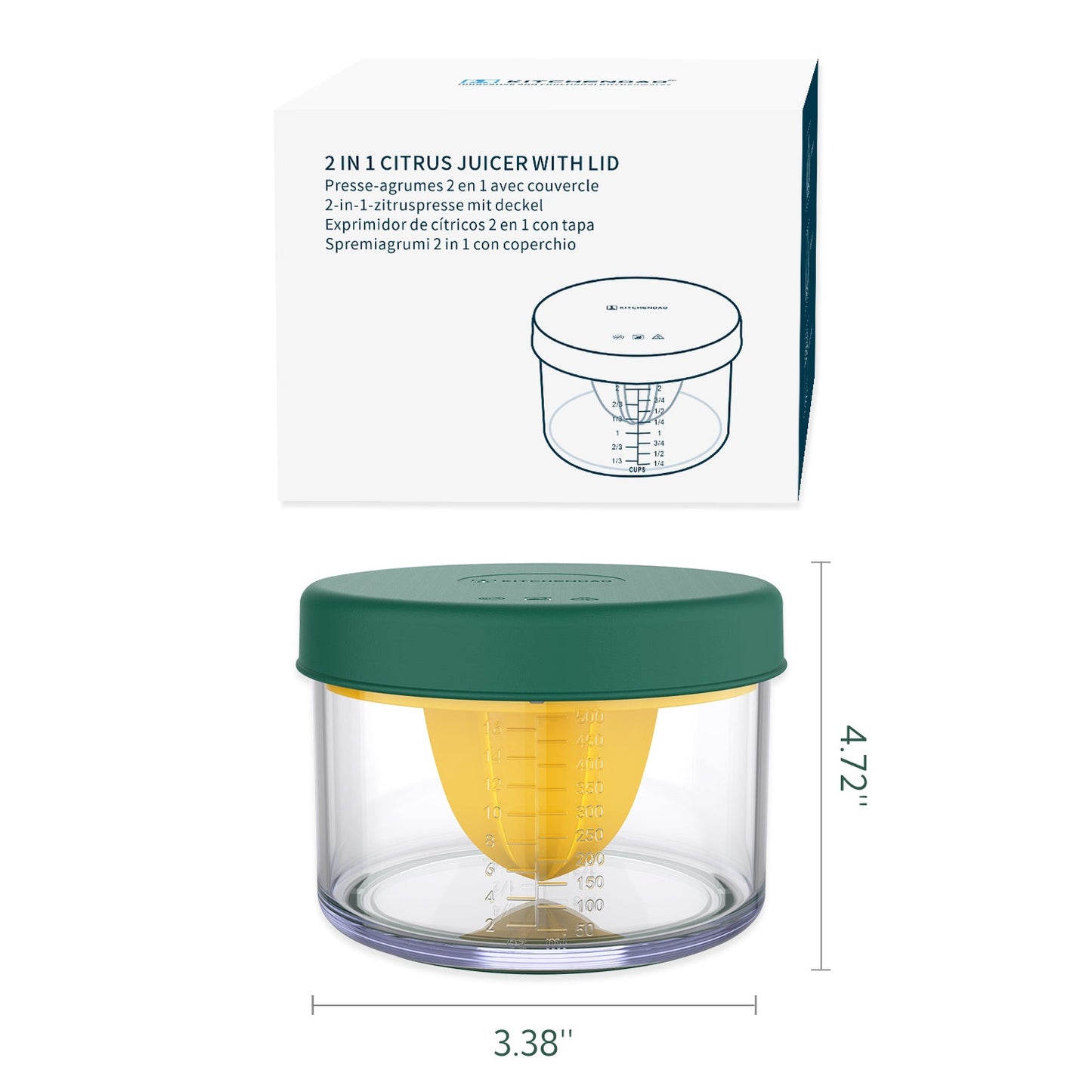 2 in 1 Lemon Orange Citrus Juicer with lid for Sanitary Storage, Manual Hand Squeezer with Built-in 16OZ Measuring Cup, Multi-function Manual Juicer with Reamers and Non-Slip Base, BPA Free