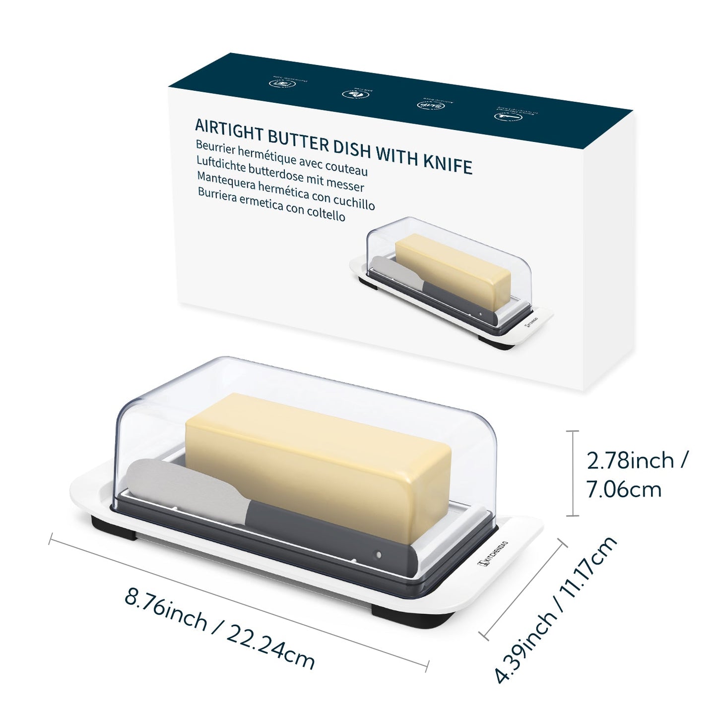 Airtight Butter Dish with Lid and Knife Spreader for Countertop and Refrigerator, Keep Butter Fresh, Easy Scoop, Dishwasher Safe, Plastic Butter Keeper Tray for West/ East Coast Butter