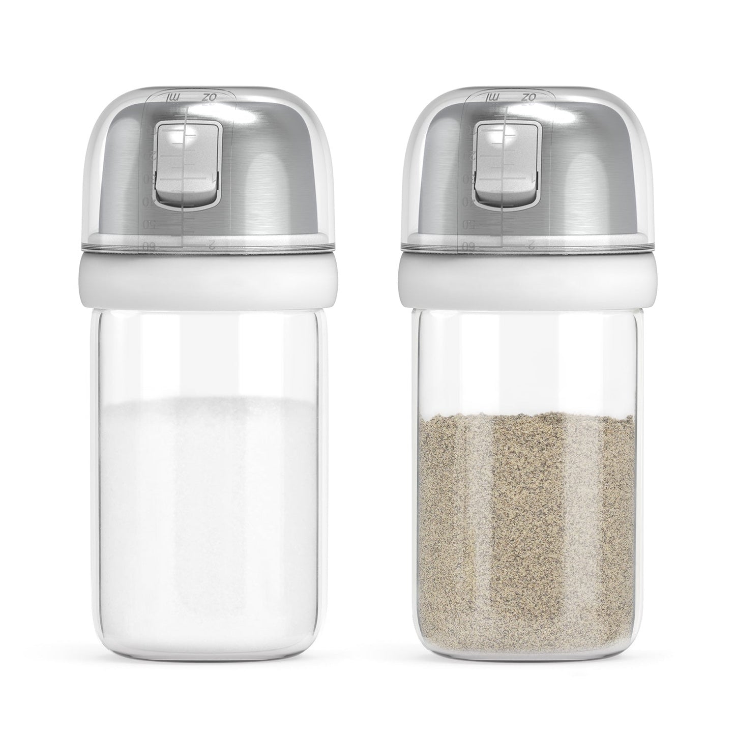 KTCHENDAO 2 in 1 Glass Salt and Pepper Shaker with Side Pour Spout, Built-in Lid to Slow Down Dampness with Measuring Marks, Elegant Borosilicate Glass Salt Dispenser for Kitchen, BPA Free,4oz (White)