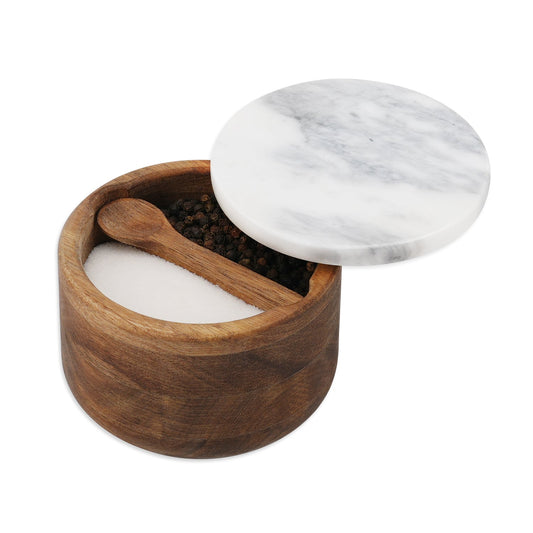 Acacia Wood Salt and Pepper Box Bowl Cellar with Grey Marble Lid and Built-in Spoon,Large Salt Cellar Container Storage Spice Herb Sea Bath Salt,Dual 5Oz Capacity