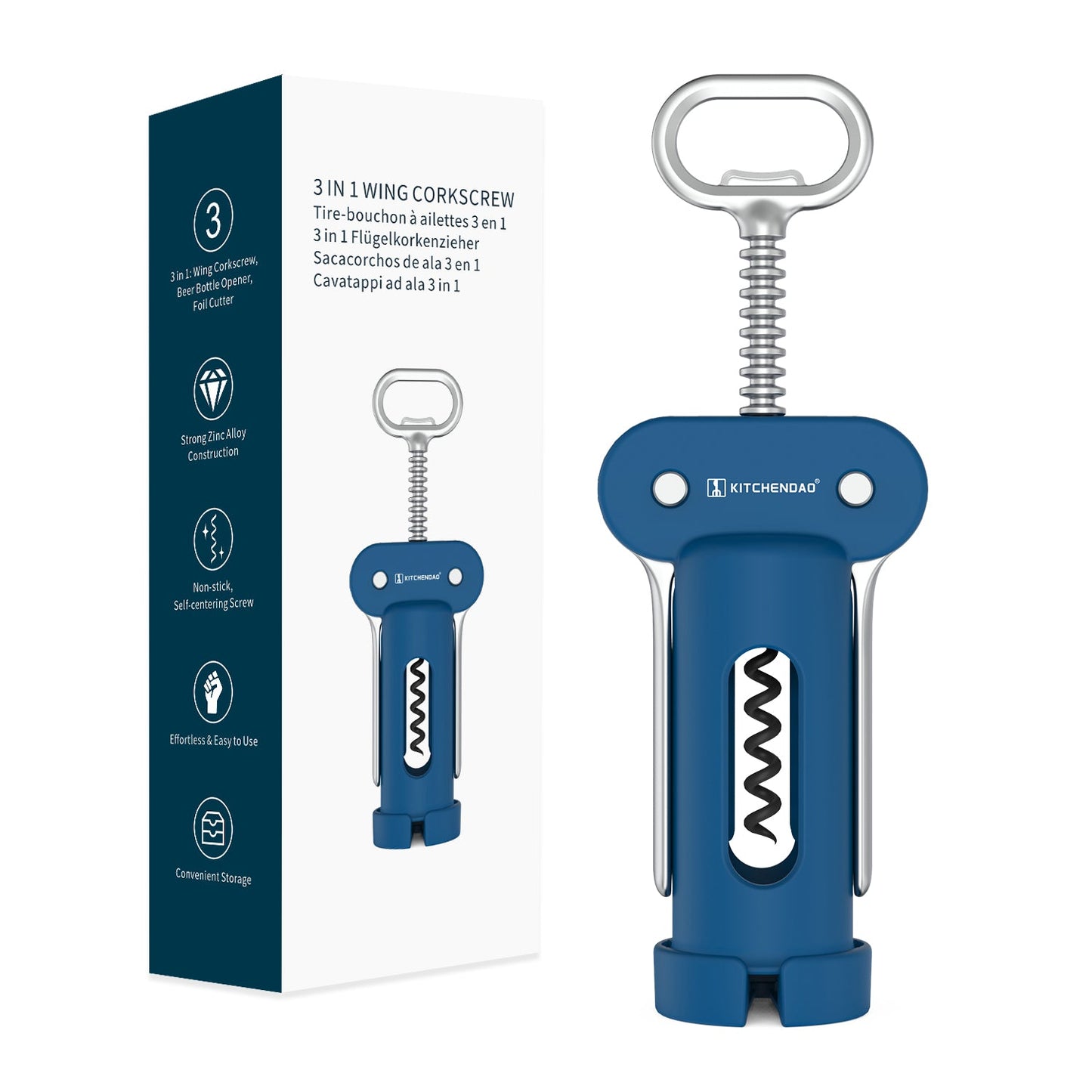 KITCHENDAO 3 in 1 Wing Corkscrew Wine Bottle Opener with Foil Cutter, Built-in Beer Bottle Opener, Multifunctional Wine Opener with Non-Stick Sharp Screw,Easy to Use, Manual Wine Corkscrew