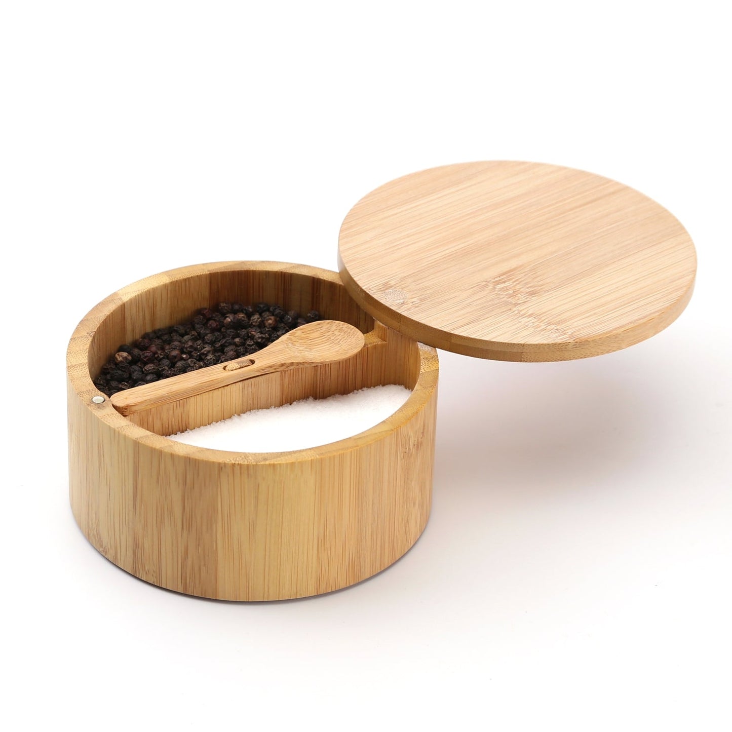 Built-in Serving Spoon Bamboo Salt And Pepper Box With Magnetic Swivel Lid