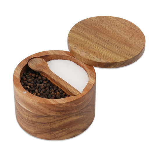 KITCHENDAO Acacia Wood Salt and Pepper Bowl Box,Built-in Spoon,Two Compartments Spice Seasoning Container,Sea Salt Cellar Holder,Built-in Spoon,Magnetic Swivel Lid,Dual 5oz Capacity