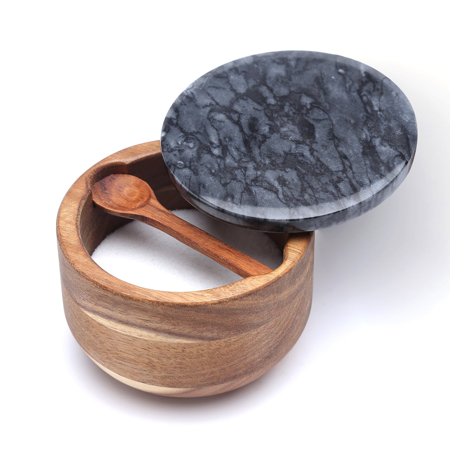 10 oz Acacia Wood Salt Box With Built-in Spoon And Marble Lid