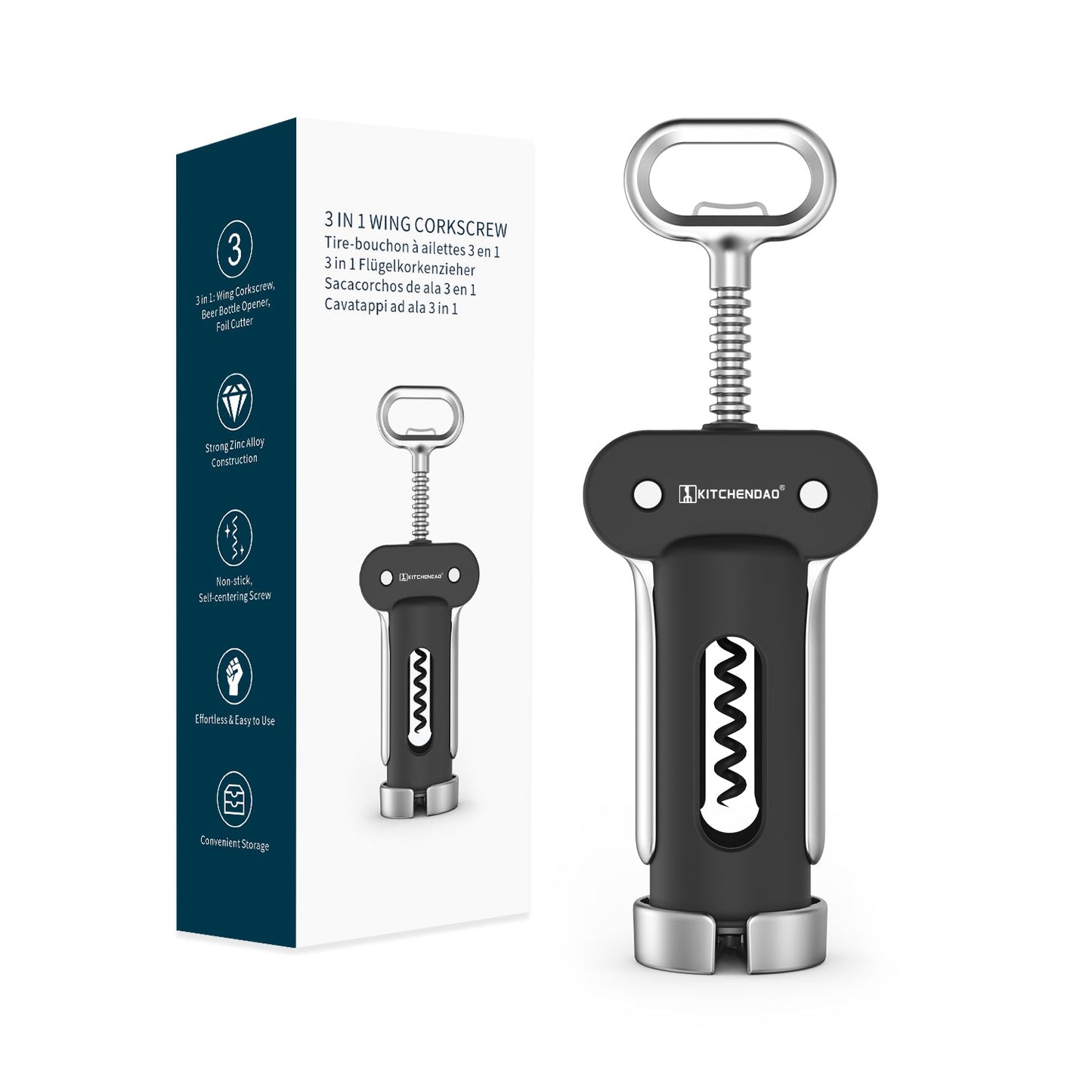 3 in 1 Wine Bottle Opener, Wing Corkscrew with Foil Cutter, Built-in Beer Bottle Opener
