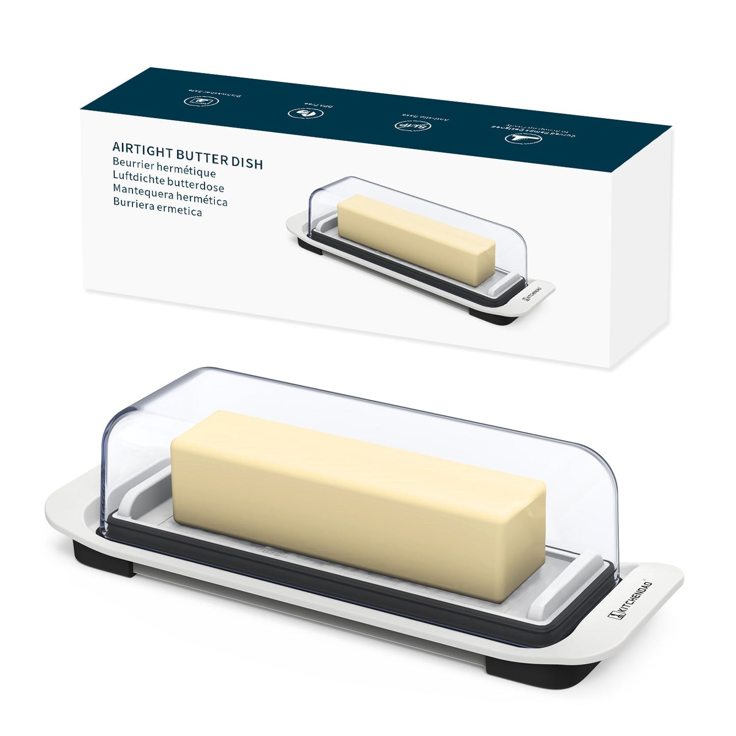 KITCHENDAO Airtight Butter Dish with Lid for Countertop and Refrigerator Door Shelf, Easy Scoop-Dishwasher Safe, Plastic Butter Holder Tray Container for West/East Coast Butter