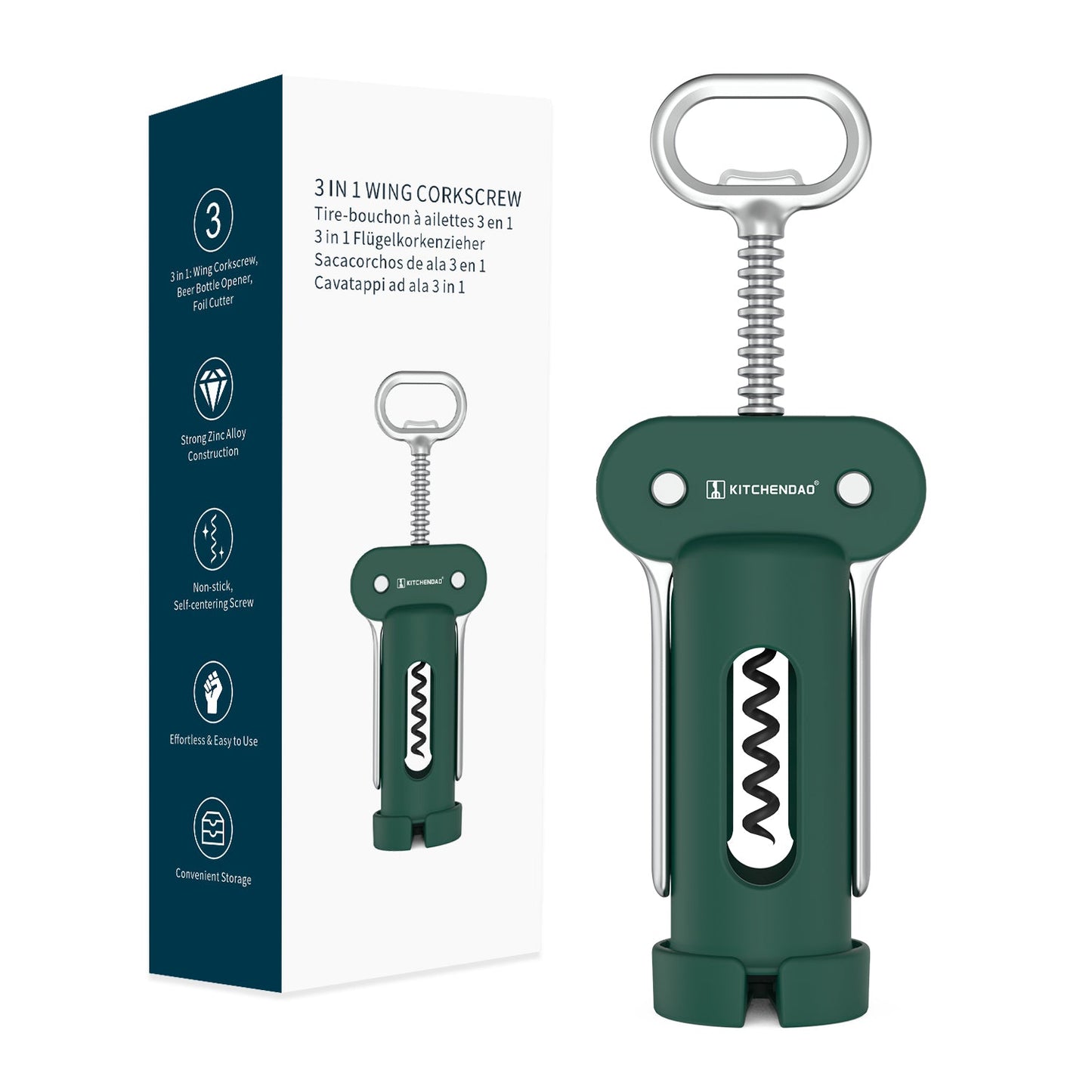 KITCHENDAO 3 in 1 Wing Corkscrew Wine Bottle Opener with Foil Cutter, Built-in Beer Bottle Opener, Multifunctional Wine Opener with Non-Stick Sharp Screw,Easy to Use, Manual Wine Corkscrew