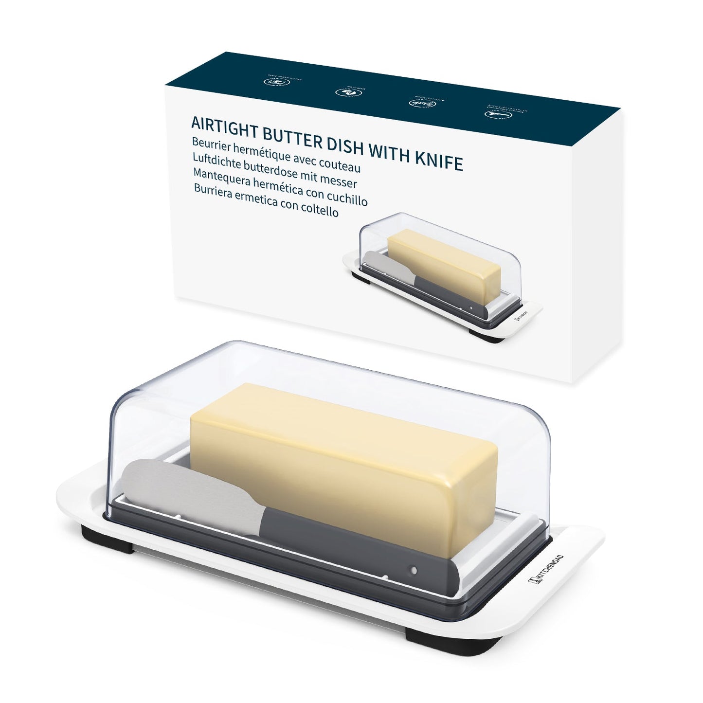 Airtight Butter Dish with Lid and Knife Spreader for Countertop and Refrigerator, Keep Butter Fresh, Easy Scoop, Dishwasher Safe, Plastic Butter Keeper Tray for West/ East Coast Butter