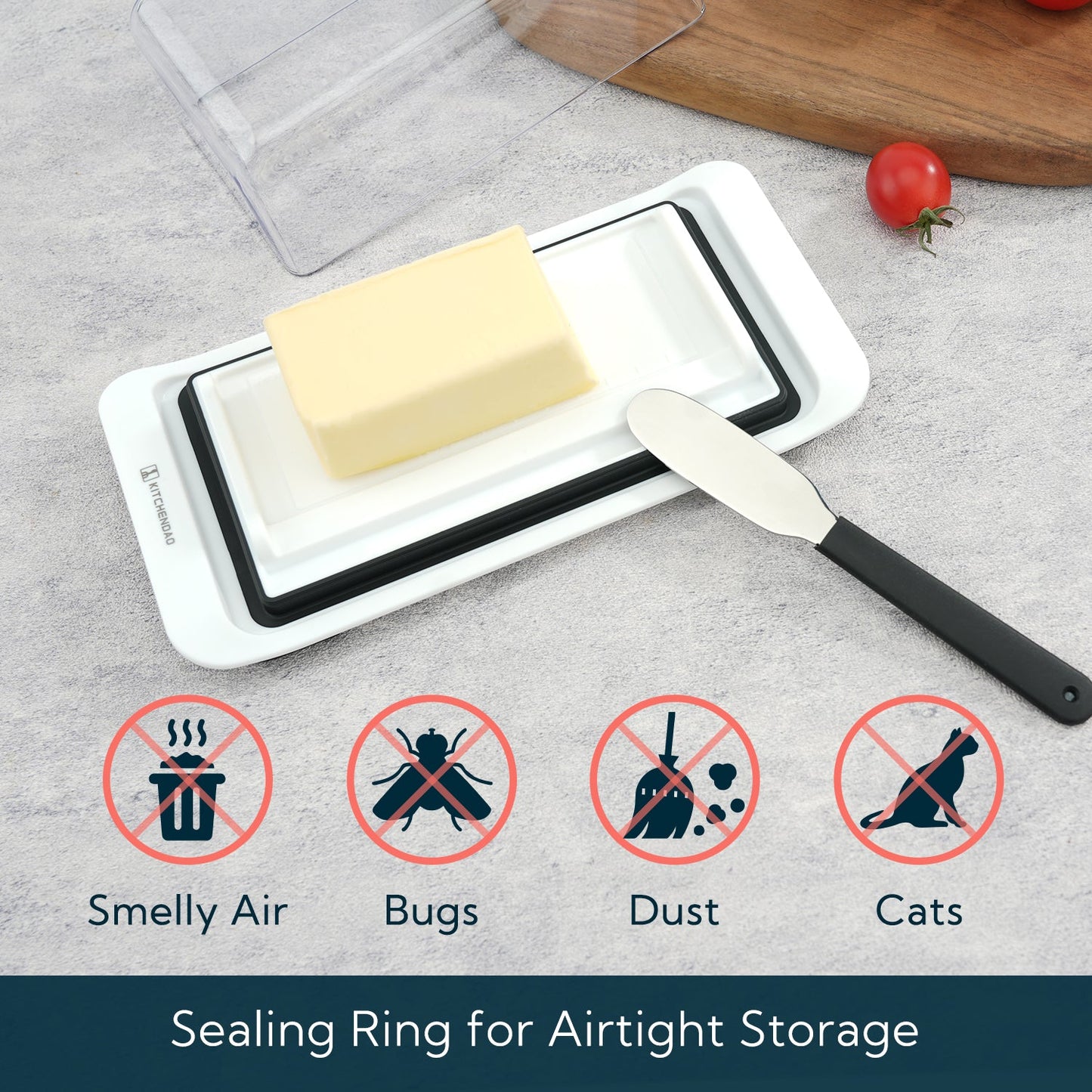 Airtight Butter Dish with Lid and Knife Spreader for Countertop and Refrigerator, Keep Butter Fresh, Easy Scoop, Dishwasher Safe, Plastic Butter Keeper Tray for West/ East Coast Butter