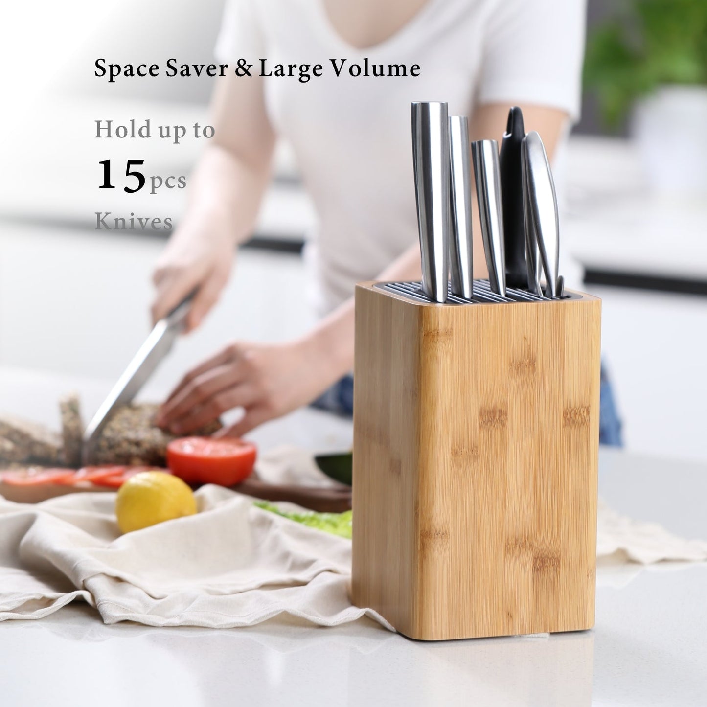 Deluxe Universal Knife Block With Slots Bamboo Knife Holder Basic