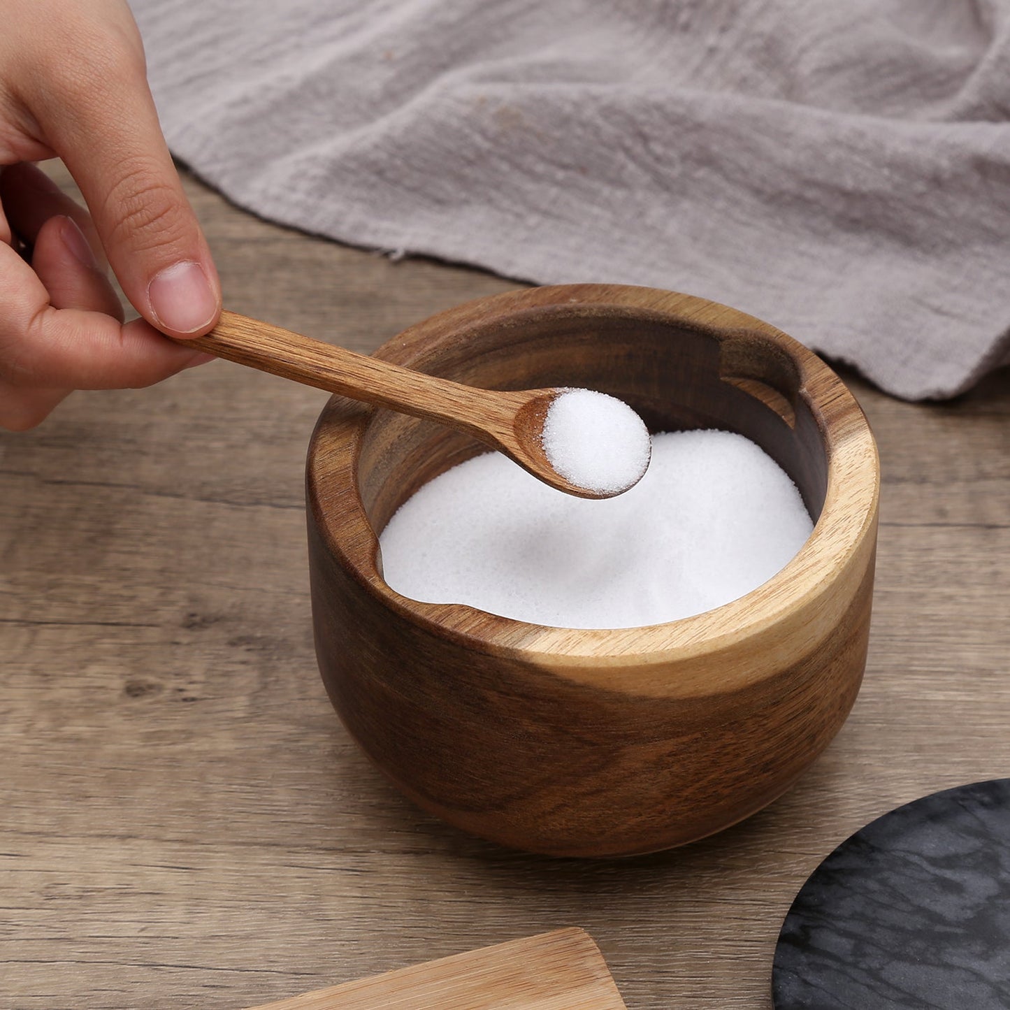 10 oz Acacia Wood Salt Box With Built-in Spoon And Marble Lid