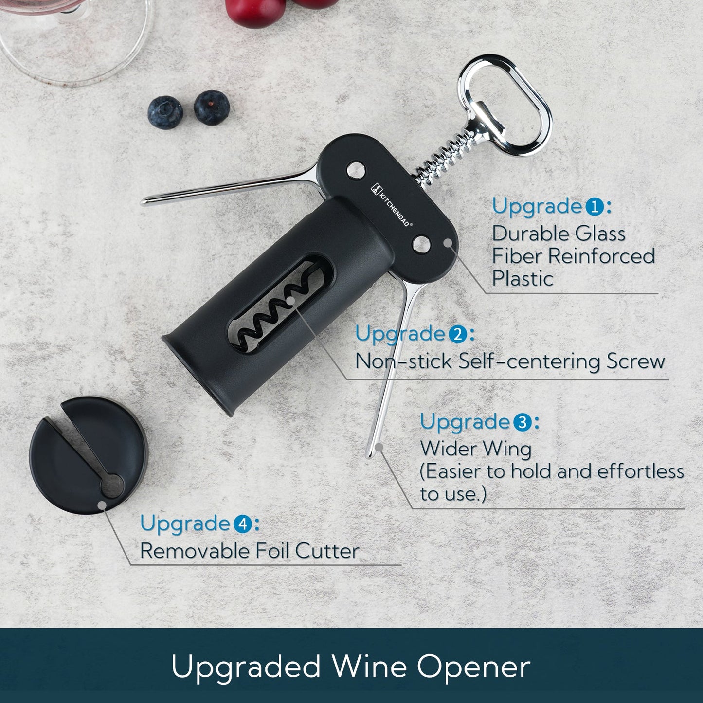 KITCHENDAO 3 in 1 Wing Corkscrew Wine Bottle Opener with Foil Cutter, Built-in Beer Bottle Opener, Multifunctional Wine Opener with Non-Stick Sharp Screw,Easy to Use, Manual Wine Corkscrew