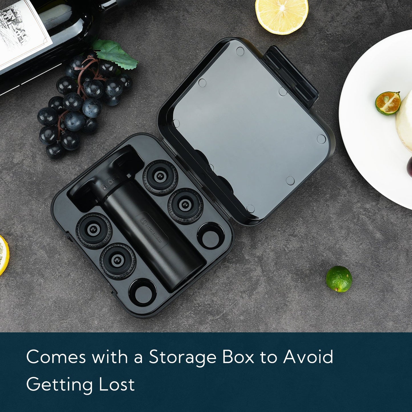 KITCHENDAO Wine Saver Pump with Sound Indicator，4 Vacuum Wine Stoppers and Storage Box, Reusable Wine Stoppers Preserver to Keep Wine Fresh, Ideal Wine Accessories Gift for Wine Lover