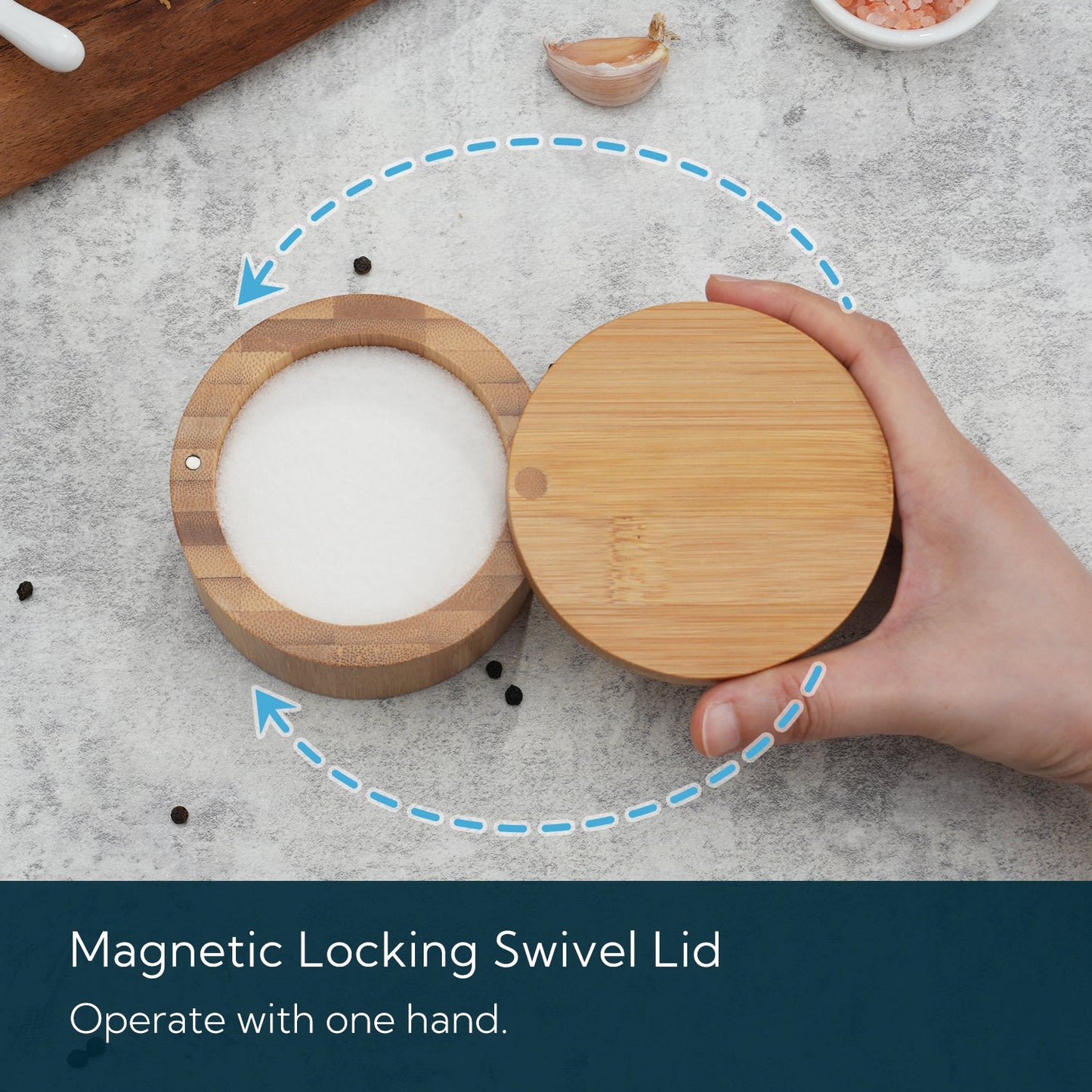 KITCHENDAO Bamboo Salt Cellar Bowl Box，Elegant Kitchen Salt Container Holder with Swivel Magnetic Lid to Store Pepper Spice Bath Salt Sea Salt Herbs or Favorite Seasonings, 6oz