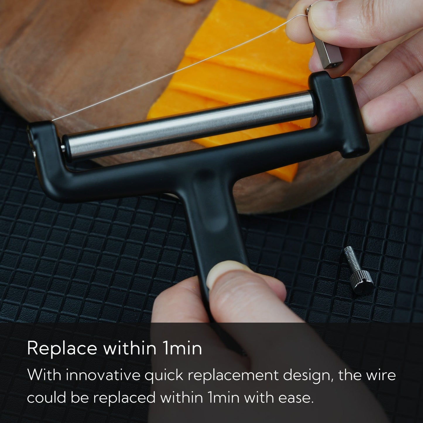 KITCHENDAO Replaceable Wire Cheese Slicer Cutter, 50% Stronger Wires with 2nd Gen Wire Fixing Mechanism, Tightness Adjustable Aluminum Cheese Cutter, Easy Replacement, Dishwasher Safe, 2 Extra Wires