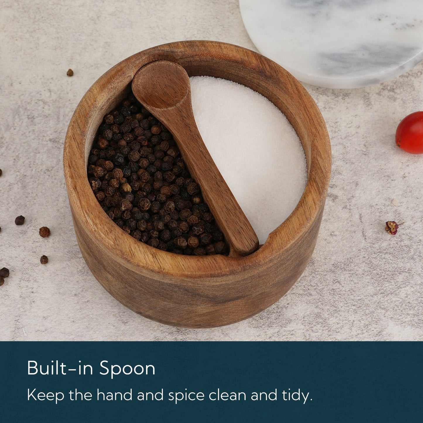 Acacia Wood Salt and Pepper Box Bowl Cellar with Grey Marble Lid and Built-in Spoon,Large Salt Cellar Container Storage Spice Herb Sea Bath Salt,Dual 5Oz Capacity