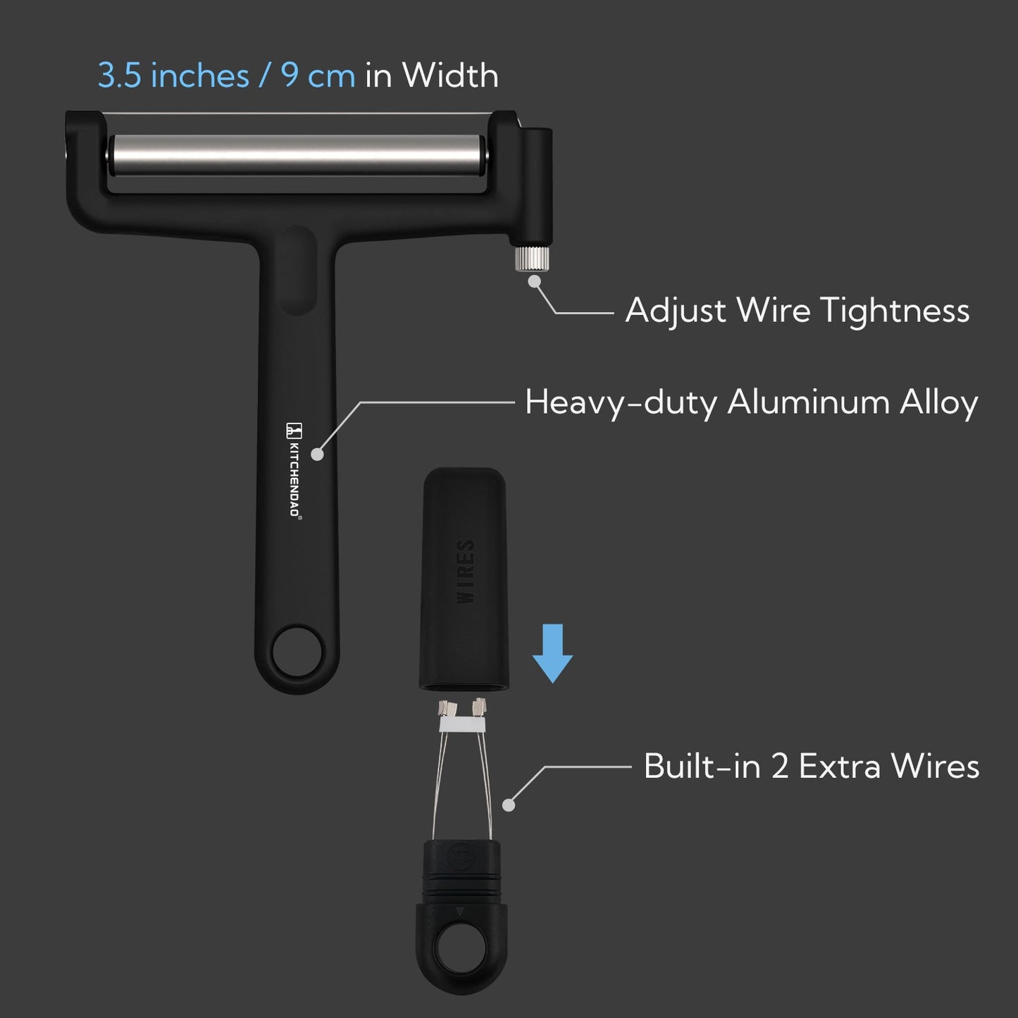 KITCHENDAO Replaceable Wire Cheese Slicer Cutter, 50% Stronger Wires with 2nd Gen Wire Fixing Mechanism, Tightness Adjustable Aluminum Cheese Cutter, Easy Replacement, Dishwasher Safe, 2 Extra Wires