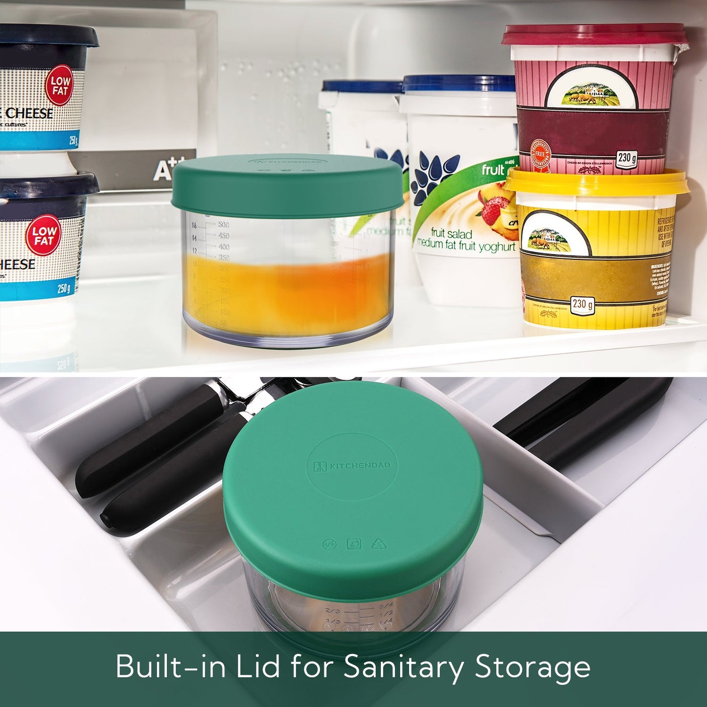 2 in 1 Lemon Orange Citrus Juicer with lid for Sanitary Storage, Manual Hand Squeezer with Built-in 16OZ Measuring Cup, Multi-function Manual Juicer with Reamers and Non-Slip Base, BPA Free