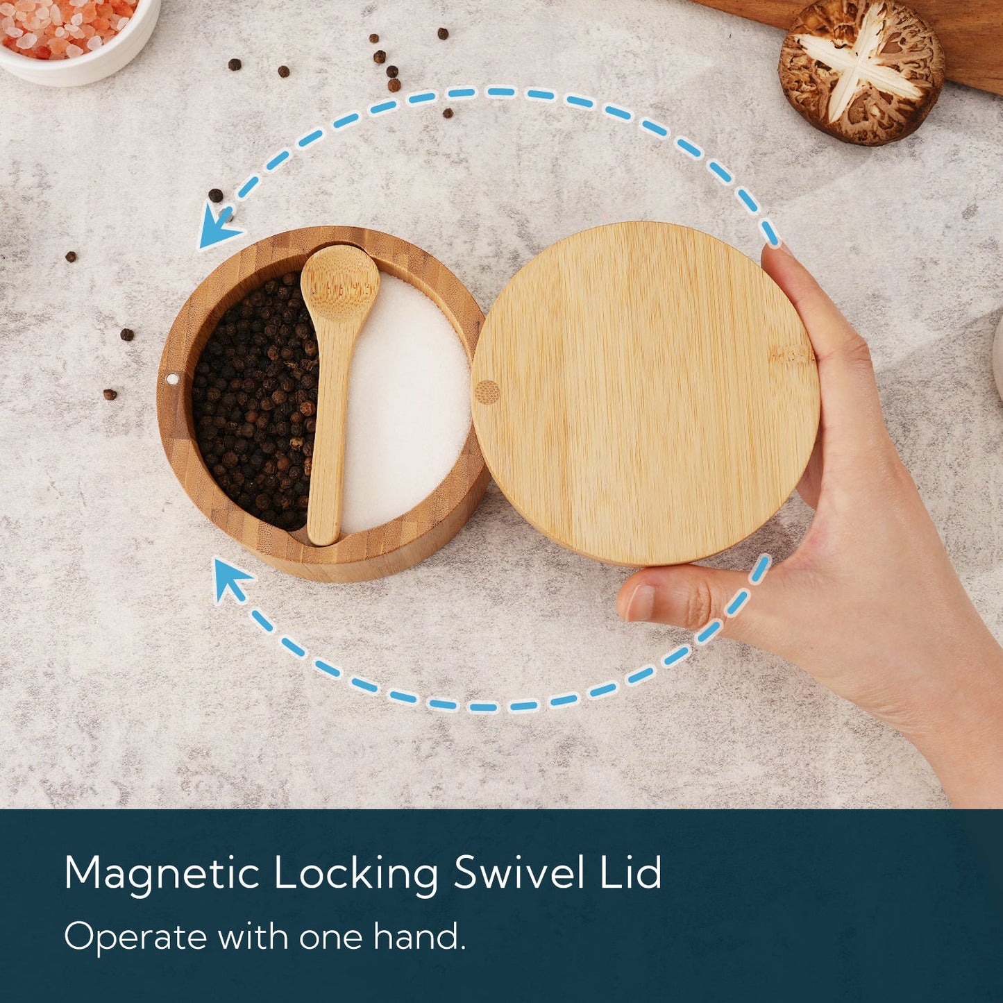 KITCHENDAO Bamboo Salt and Pepper Bowl Box Cellar, Built-in Spoon, Two Compartments Spice Seasoning Container,Sea Salt Cellar Holder,Magnetic Swivel Lid,Dual 5oz Capacity