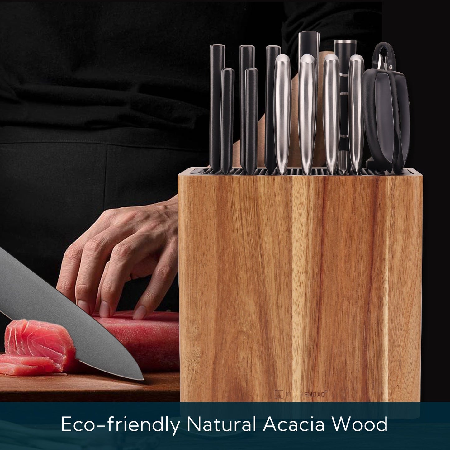 KITCHENDAO XL Acacia Wood Universal Knife Block Holder with Slots for Scissors and Sharpening Rod, Safe, Space Saver Knives Storage Stand Display without Knives, Unique Slot Design to Protect Blade