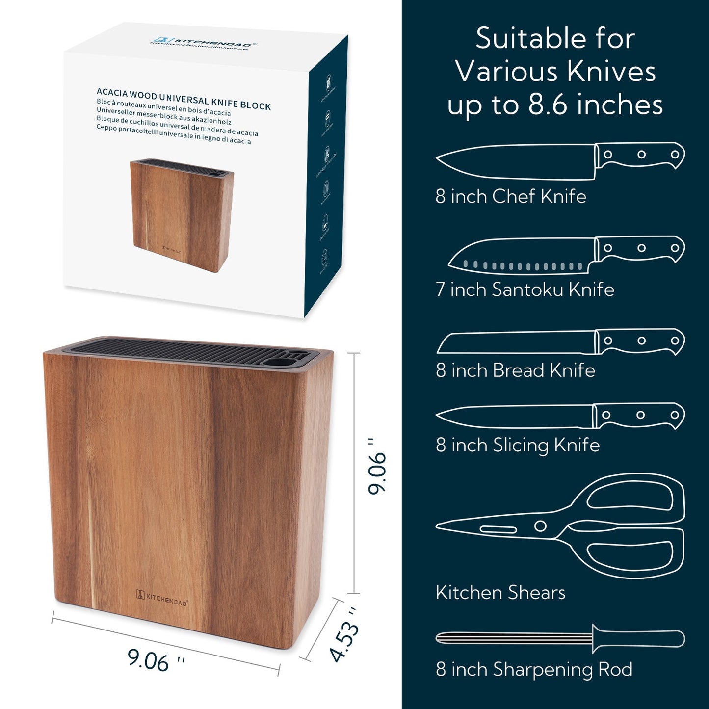 KITCHENDAO XL Acacia Wood Universal Knife Block Holder with Slots for Scissors and Sharpening Rod, Safe, Space Saver Knives Storage Stand Display without Knives, Unique Slot Design to Protect Blade