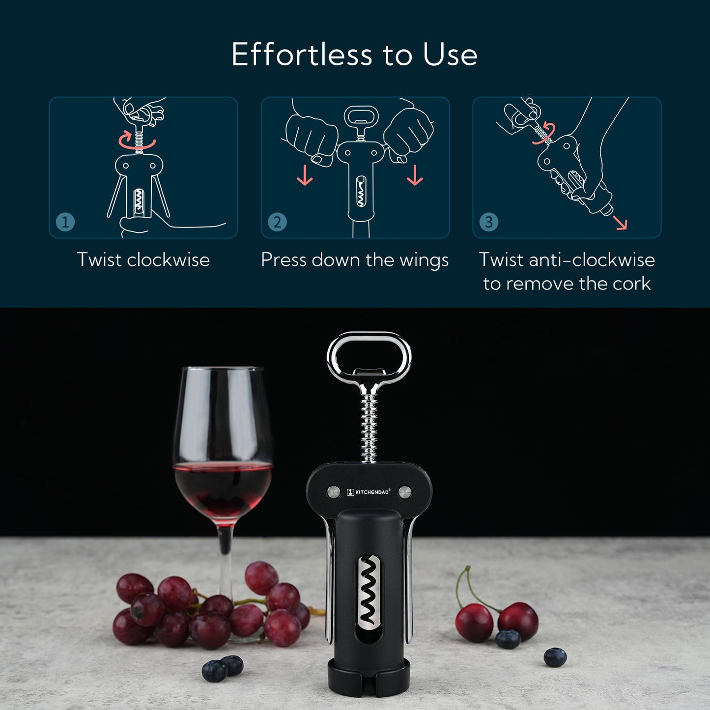 KITCHENDAO 3 in 1 Wing Corkscrew Wine Bottle Opener with Foil Cutter, Built-in Beer Bottle Opener, Multifunctional Wine Opener with Non-Stick Sharp Screw,Easy to Use, Manual Wine Corkscrew