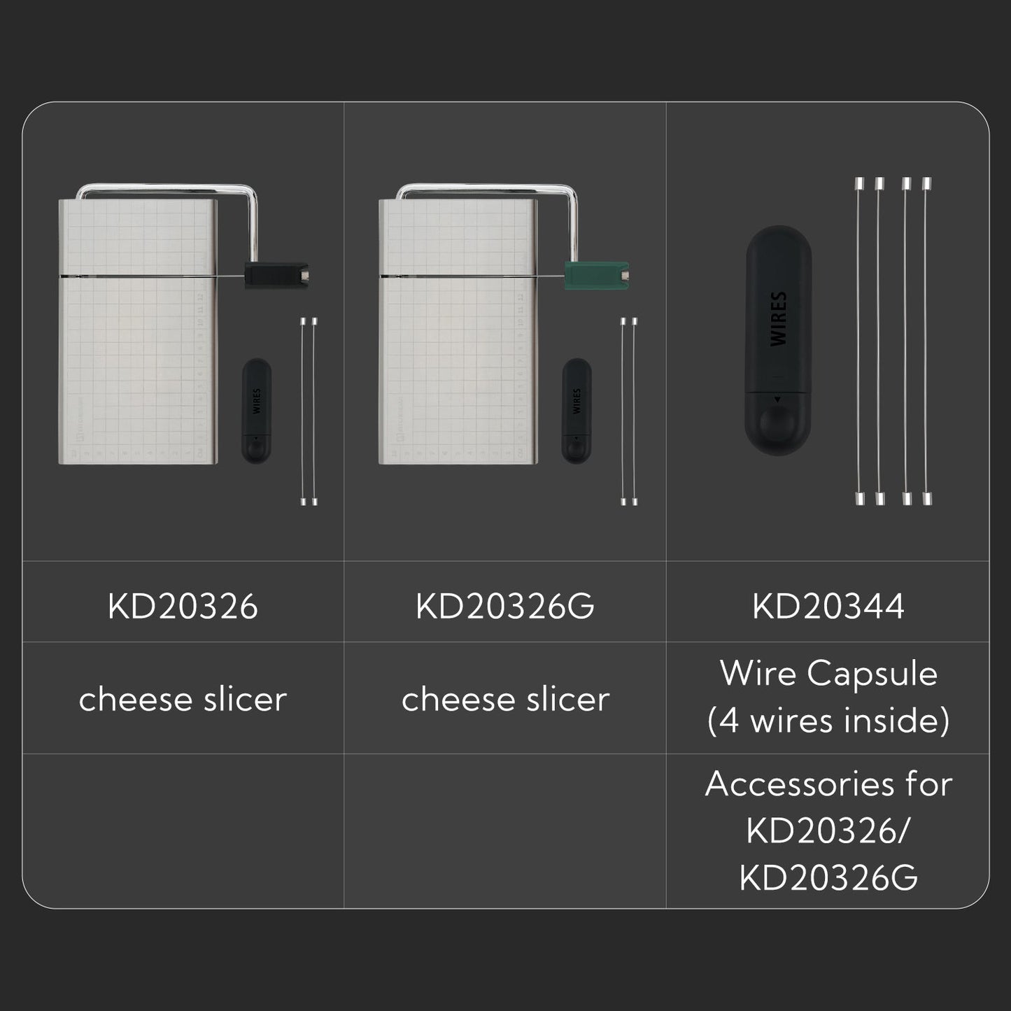 KITCHENDAO Replaceable Wire Cheese Slicer with Board and Measuring Grids,Tightness Adjustable Cheese Slicer, Stainless Steel Metal Cheese Cutter for Block Cheese, Dishwasher Safe, with 2 Extra Wires