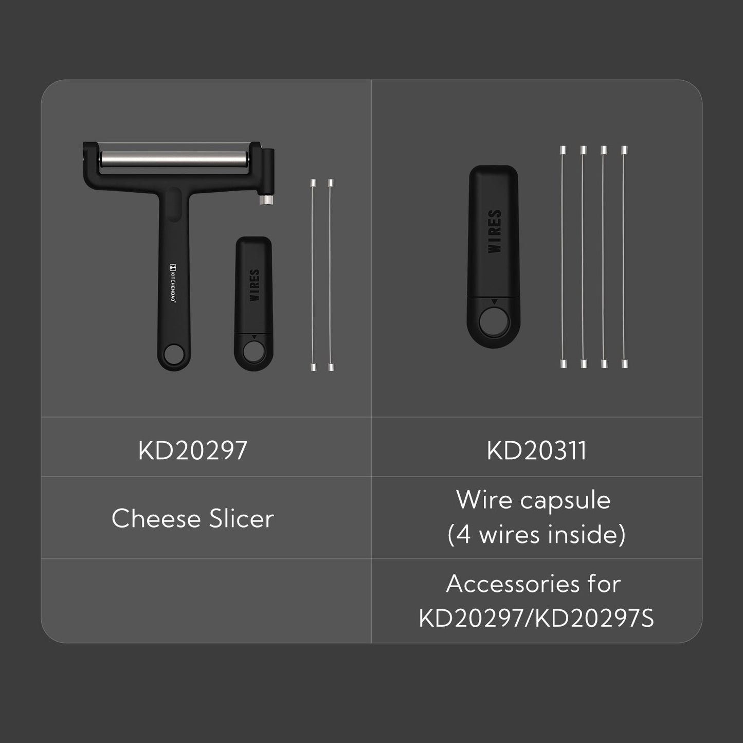 KITCHENDAO Replaceable Wire Cheese Slicer Cutter, 50% Stronger Wires with 2nd Gen Wire Fixing Mechanism, Tightness Adjustable Aluminum Cheese Cutter, Easy Replacement, Dishwasher Safe, 2 Extra Wires