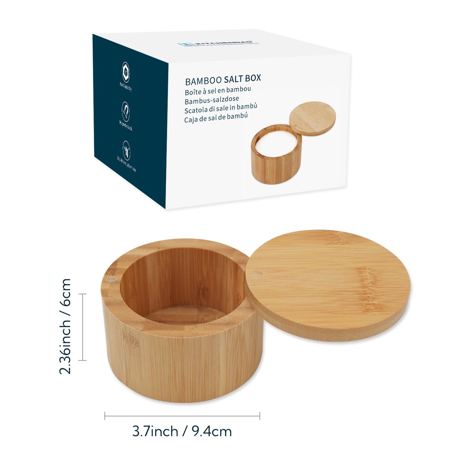 KITCHENDAO Bamboo Salt Cellar Bowl Box，Elegant Kitchen Salt Container Holder with Swivel Magnetic Lid to Store Pepper Spice Bath Salt Sea Salt Herbs or Favorite Seasonings, 6oz