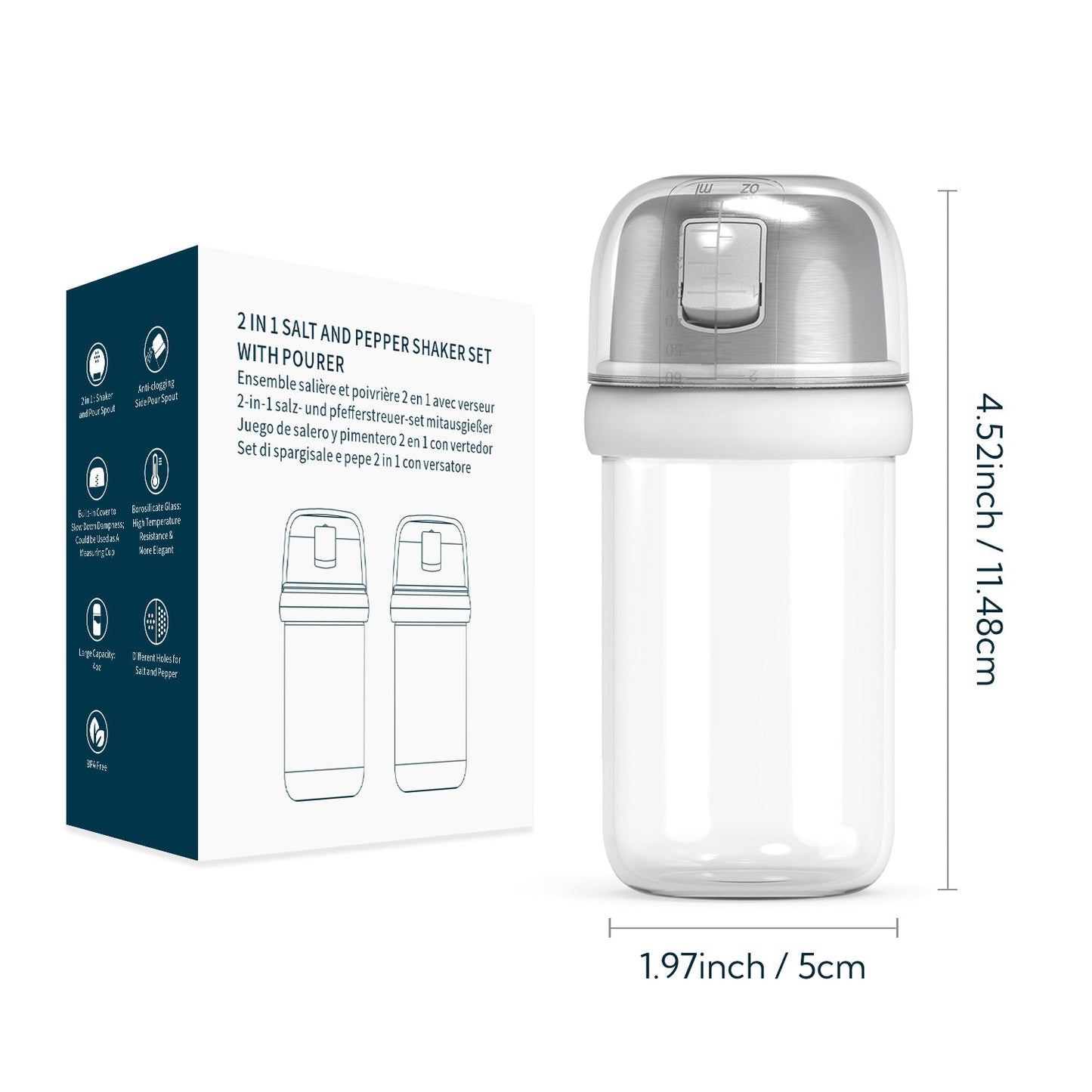 KTCHENDAO 2 in 1 Glass Salt and Pepper Shaker with Side Pour Spout, Built-in Lid to Slow Down Dampness with Measuring Marks, Elegant Borosilicate Glass Salt Dispenser for Kitchen, BPA Free,4oz (White)