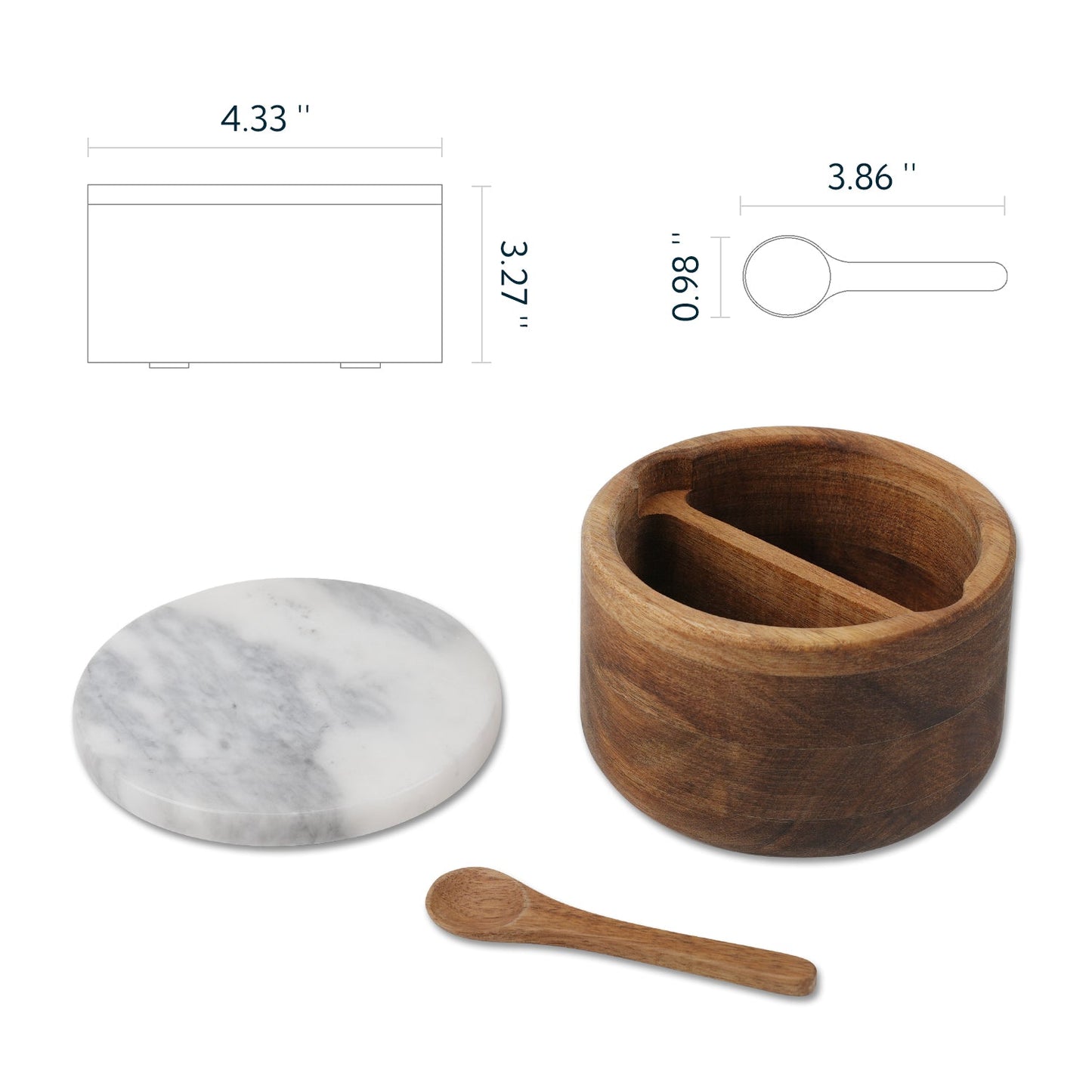 Acacia Wood Salt and Pepper Box Bowl Cellar with Grey Marble Lid and Built-in Spoon,Large Salt Cellar Container Storage Spice Herb Sea Bath Salt,Dual 5Oz Capacity