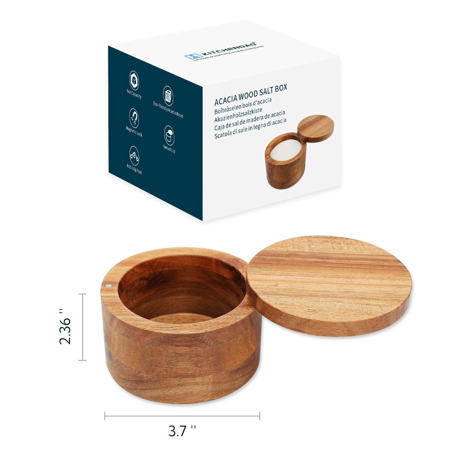 KITCHENDAO Acacia Wood Salt Cellar Bowl Box, Elegant Kitchen Salt Container Holder with Swivel Magnetic Lid to Store Pepper Spice Bath Salt Sea Salt Herbs or Favorite Seasonings, 6oz