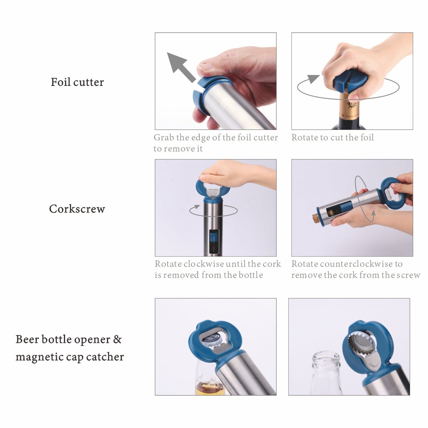 3 In 1 Wine Corkscrew Opener Beer Bottle Opener With Magnetic Cap Catcher