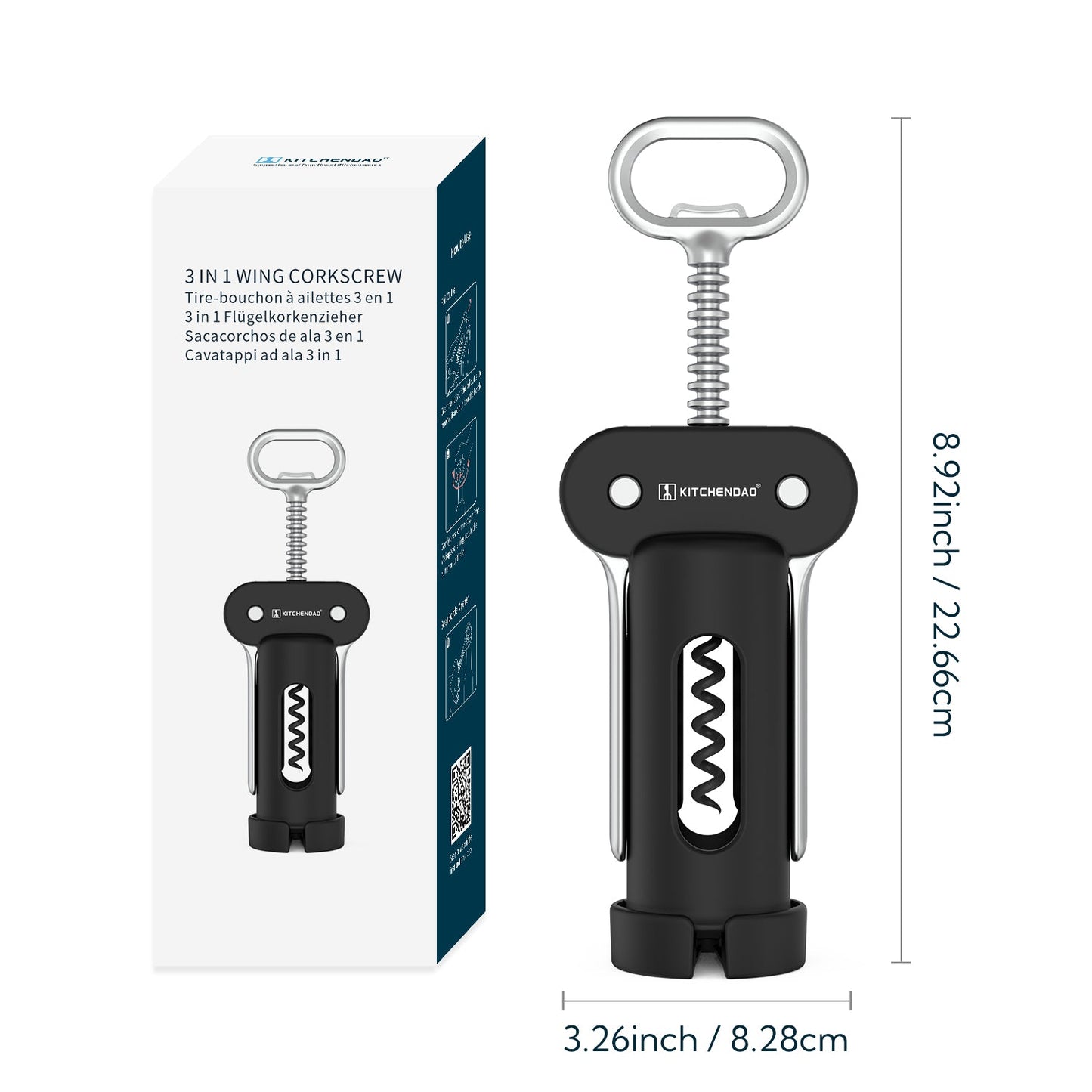 KITCHENDAO 3 in 1 Wing Corkscrew Wine Bottle Opener with Foil Cutter, Built-in Beer Bottle Opener, Multifunctional Wine Opener with Non-Stick Sharp Screw,Easy to Use, Manual Wine Corkscrew